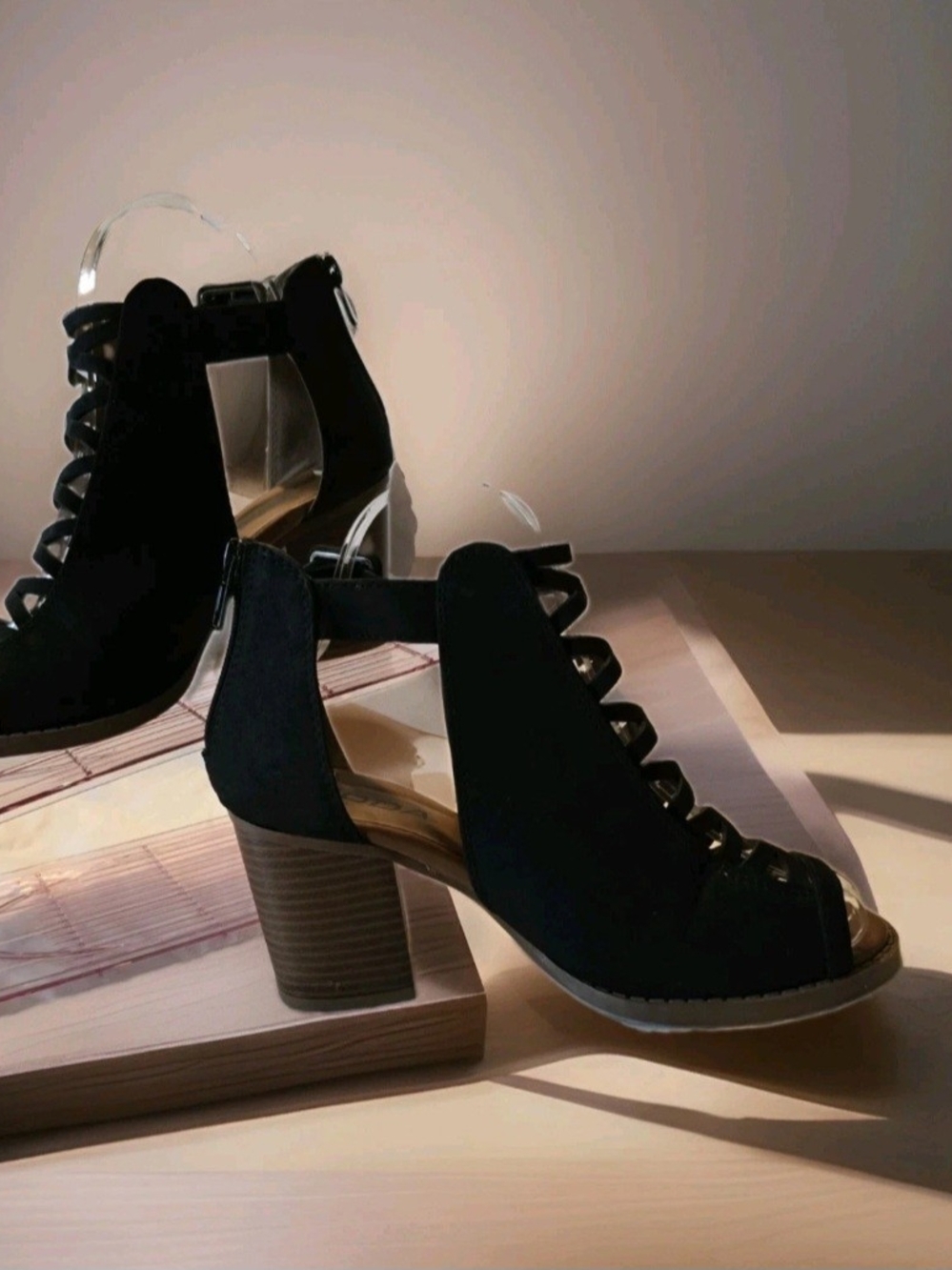 Black Open-Toe Lace-Up Block Heel Sandals - Women's